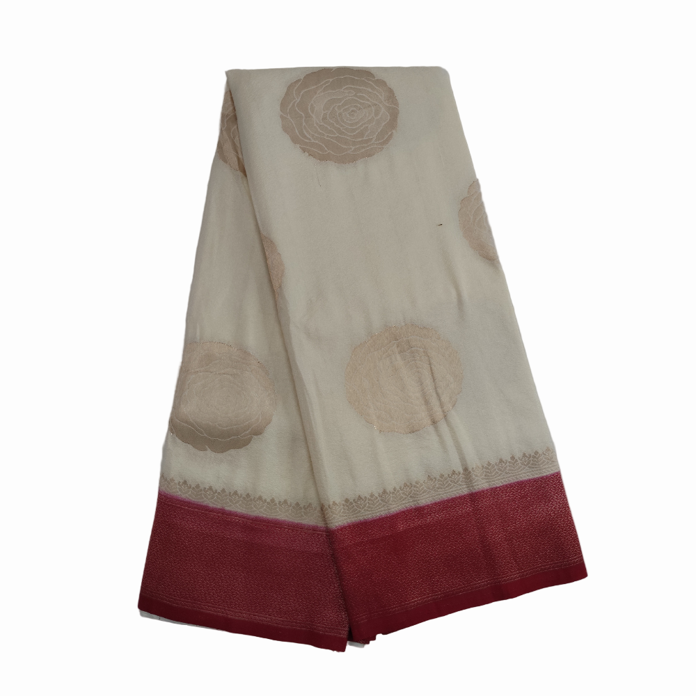 Pearl white with red border pearl viscose sarees with floral motifs