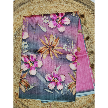 Pink n Grey Colour Combination Tusser Saree with French Knots in the Digital Flowers