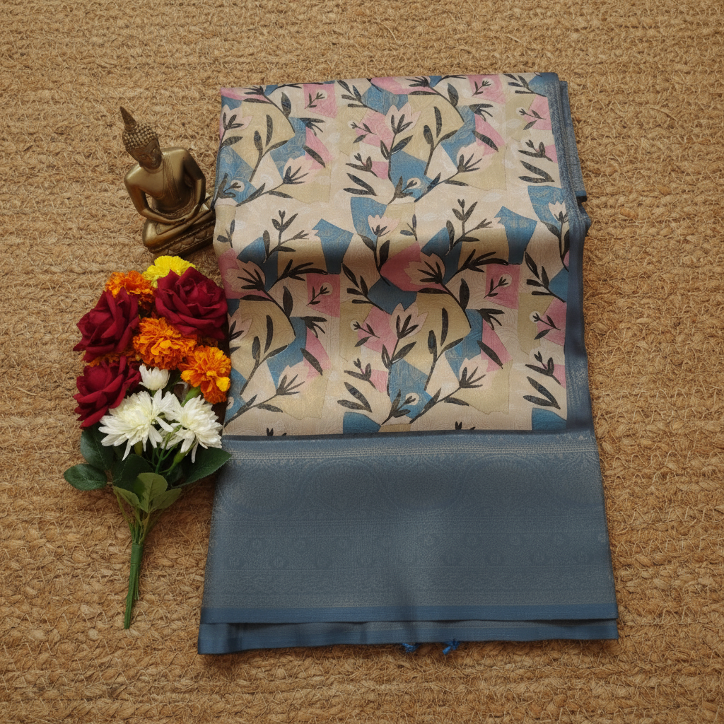 Cream Colour with Blue Grey combination Softy Digital Print Silk Saree