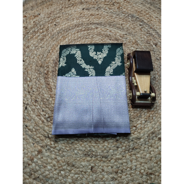 Trending Dark Green Necklace Saree With Contrast Lilac Brocade Pallu n Blouse