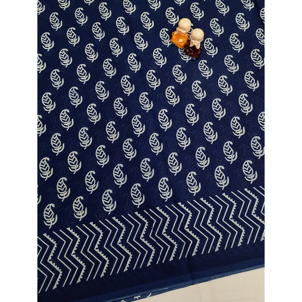Navy Blue Handblock Print Mul Mul Cotton Saree