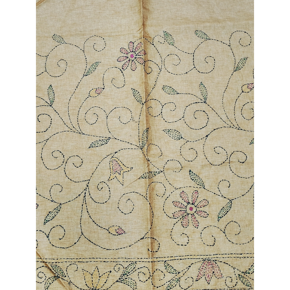 Mustard Yellow colour Kantha Work Tusser Saree