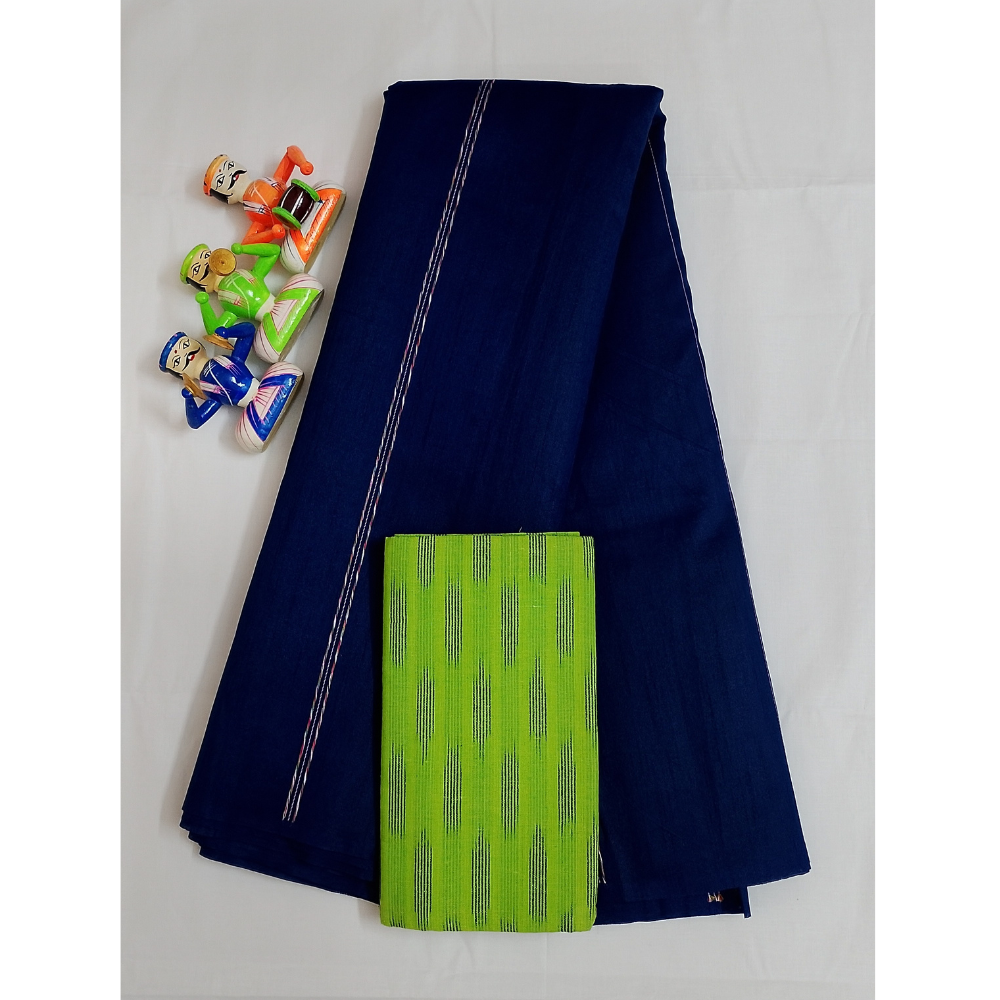 Navy Blue Raw Silk Saree with contrast Ikkat Blouse