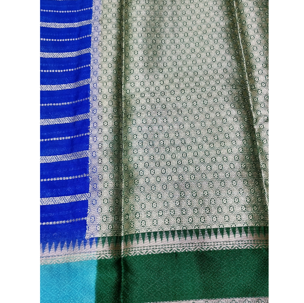 Ink blue colour with brocade Dark Green blouse Wam Silk 3D Saree