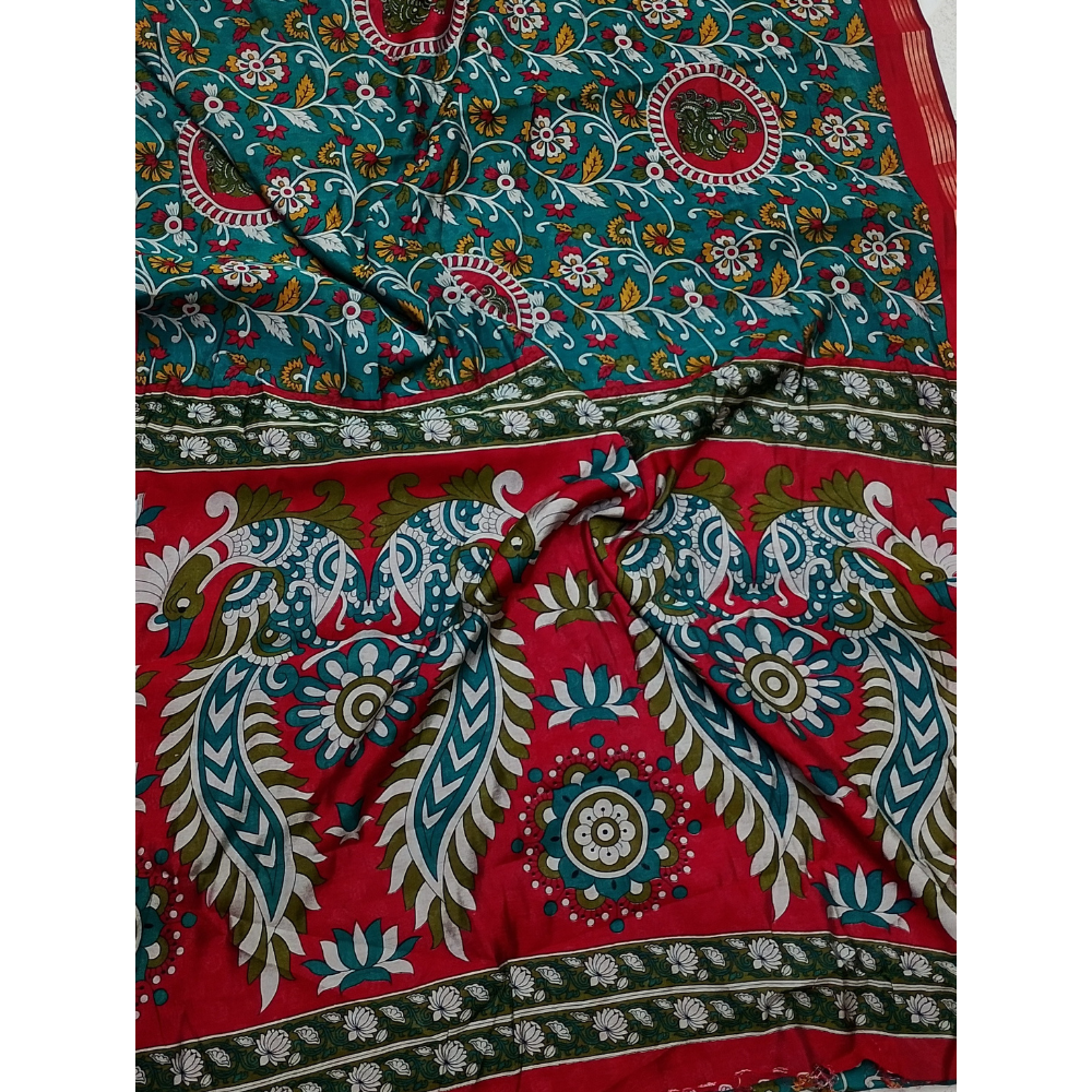 Rama Green saree with Red Blouse N Pallu Kalamkari Design Linen Cotton saree