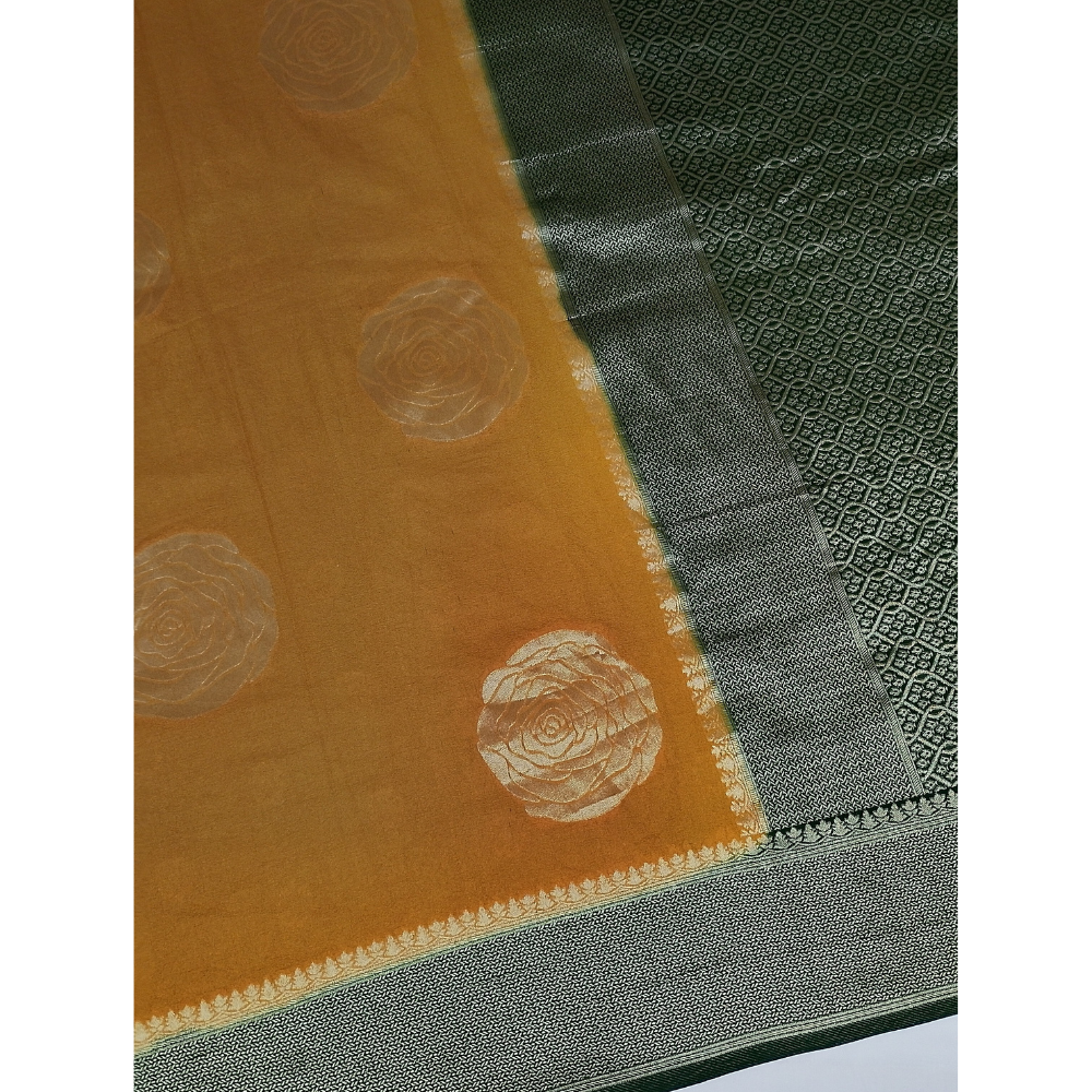 Mustard Yellow with Dark Green border pearl viscose sarees with floral motifs