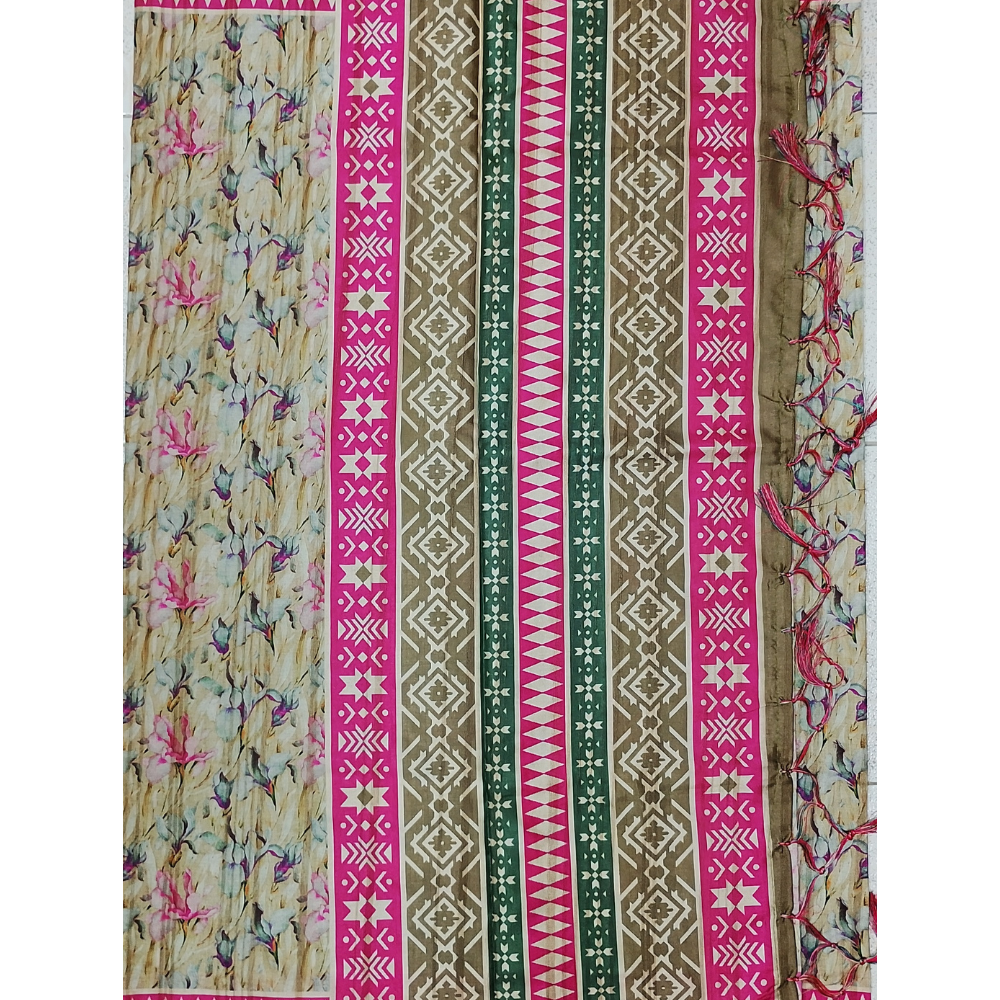 Mehandhi Green n Half White combination Semi Tusser Saree