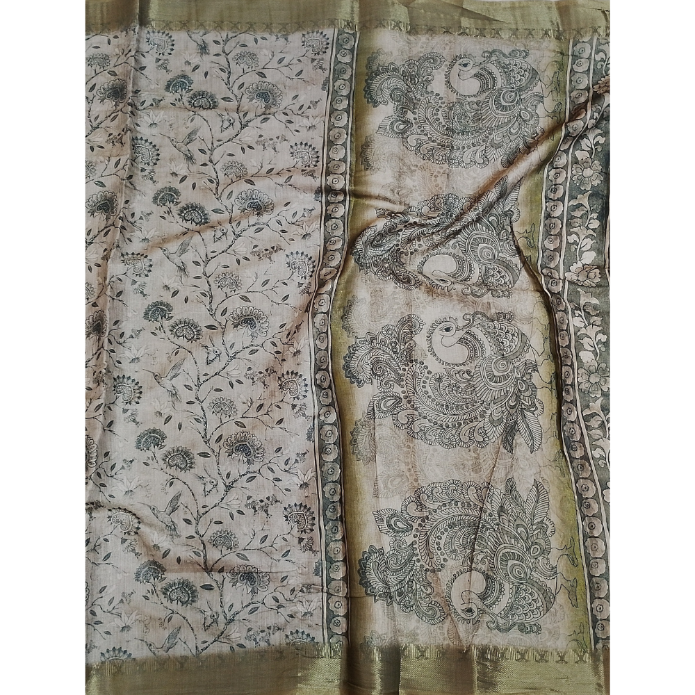 Ash Grey colour Floral design Linen Digital Saree