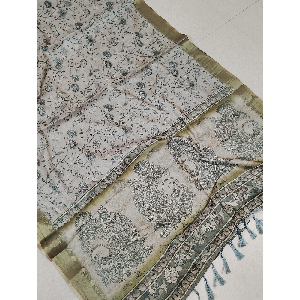 Ash Grey colour Floral design Linen Digital Saree