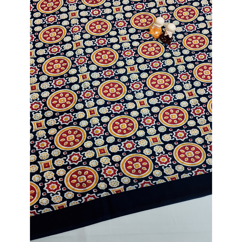 Navy Blue With Multi Colour Handblock Print Mul Mul Cotton Saree