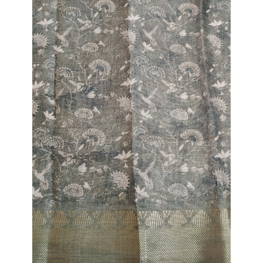 Ash Grey colour Floral design Linen Digital Saree
