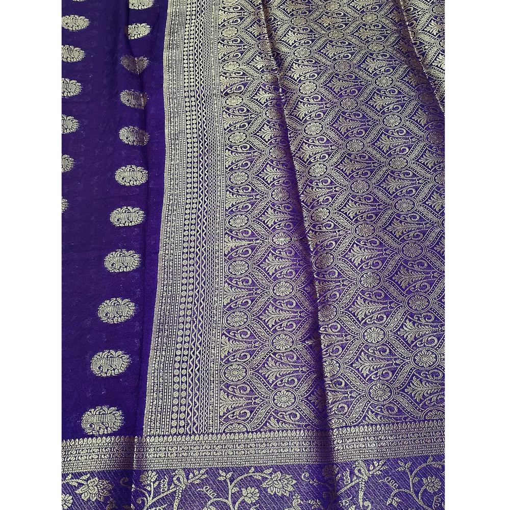 Purple Saree with contrast blouse retro Georgette Semi Silk Saree