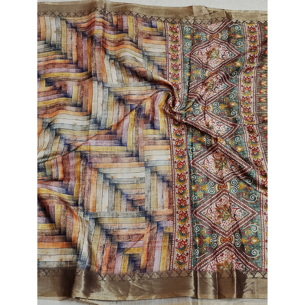 Multi Colour Geometric Pattern  Linen Digital Saree