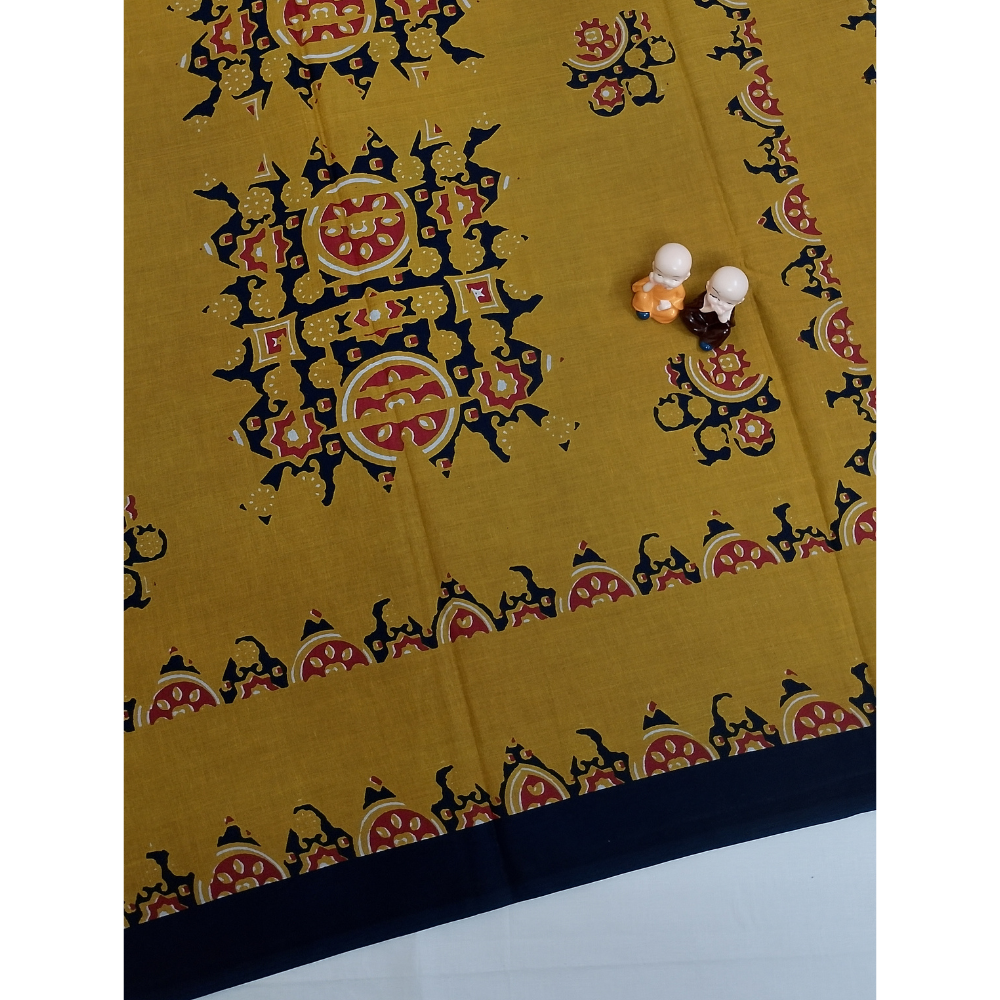 Navy Blue With Multi Colour Handblock Print Mul Mul Cotton Saree
