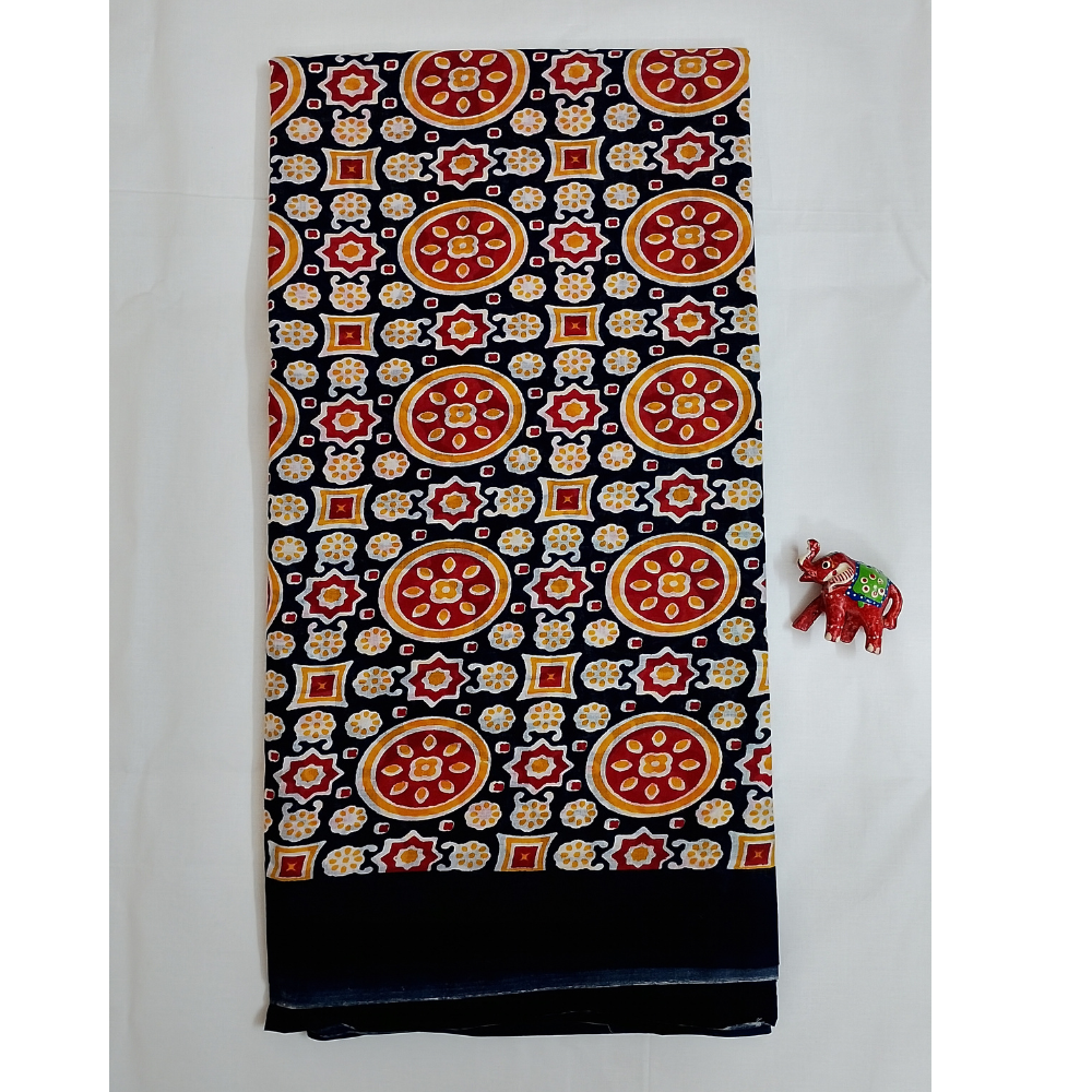 Navy Blue With Multi Colour Handblock Print Mul Mul Cotton Saree