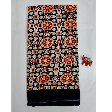 Navy Blue With Multi Colour Handblock Print Mul Mul Cotton Saree