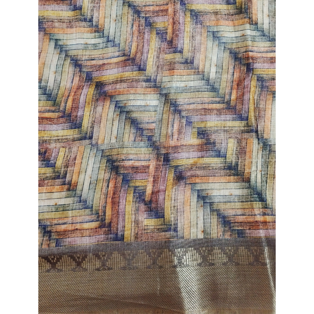 Multi Colour Geometric Pattern  Linen Digital Saree