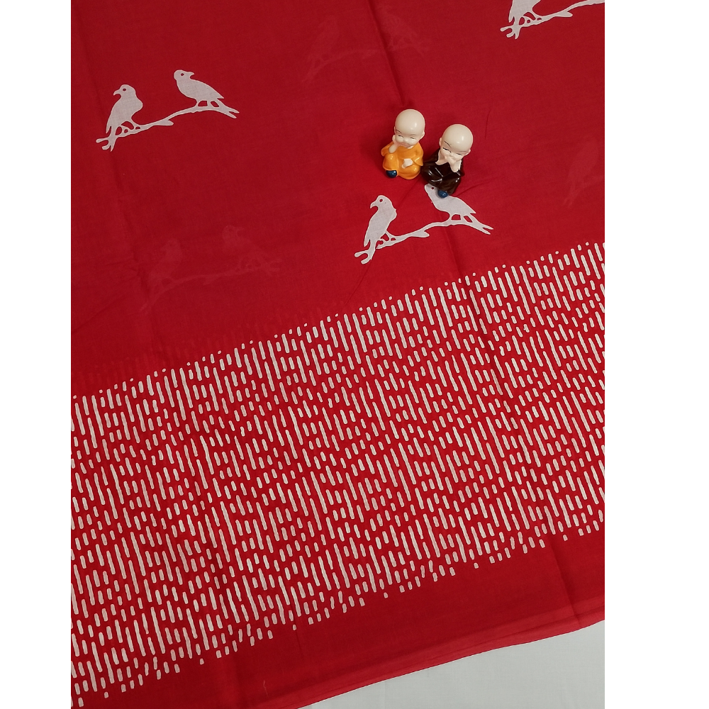 Red Handblock Print Mul Mul Cotton Saree