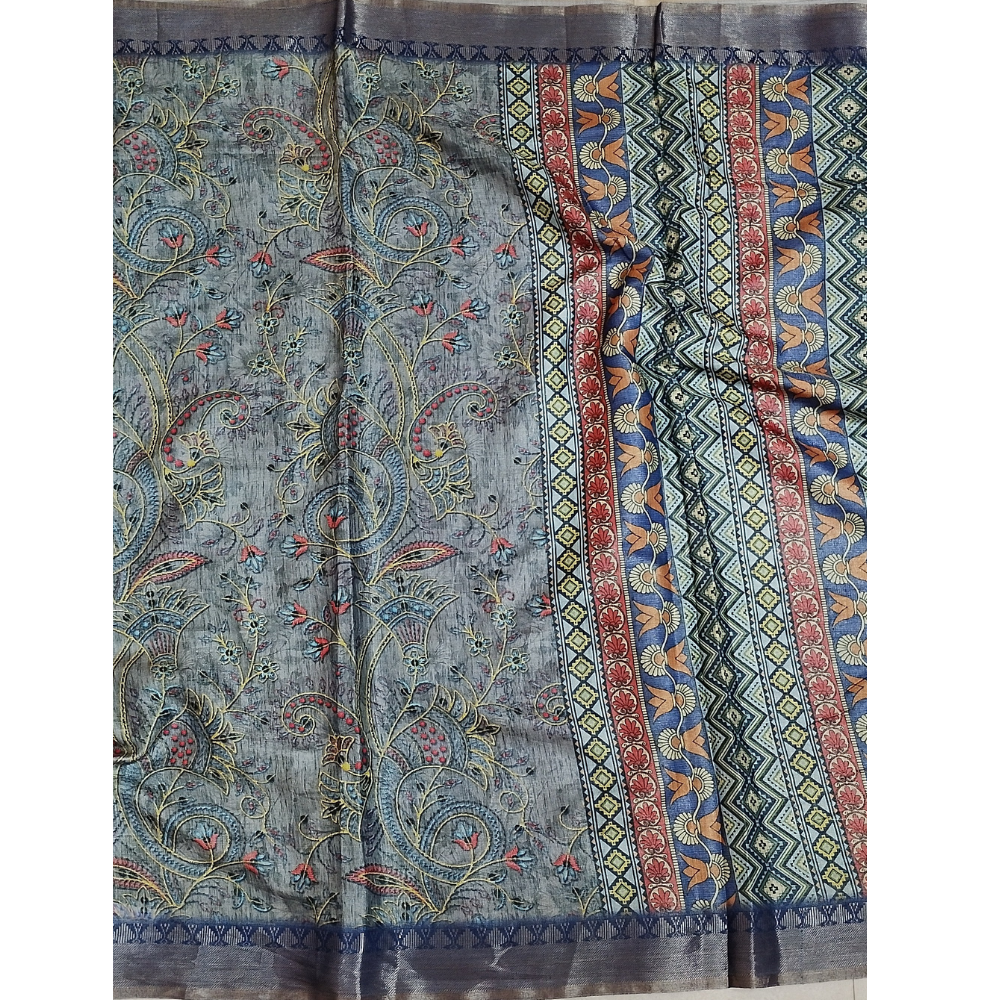 Grey Colour multi colour Floral print Linen Digital Saree