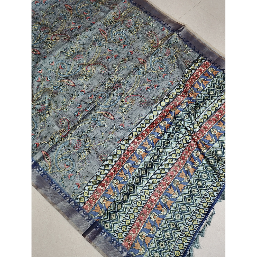 Grey Colour multi colour Floral print Linen Digital Saree