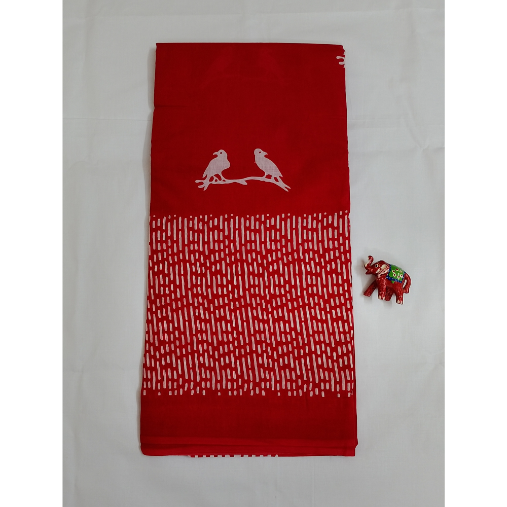 Red Handblock Print Mul Mul Cotton Saree