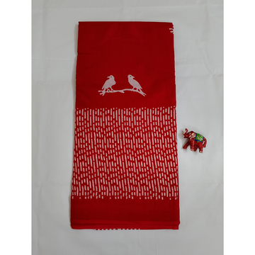 Red Handblock Print Mul Mul Cotton Saree