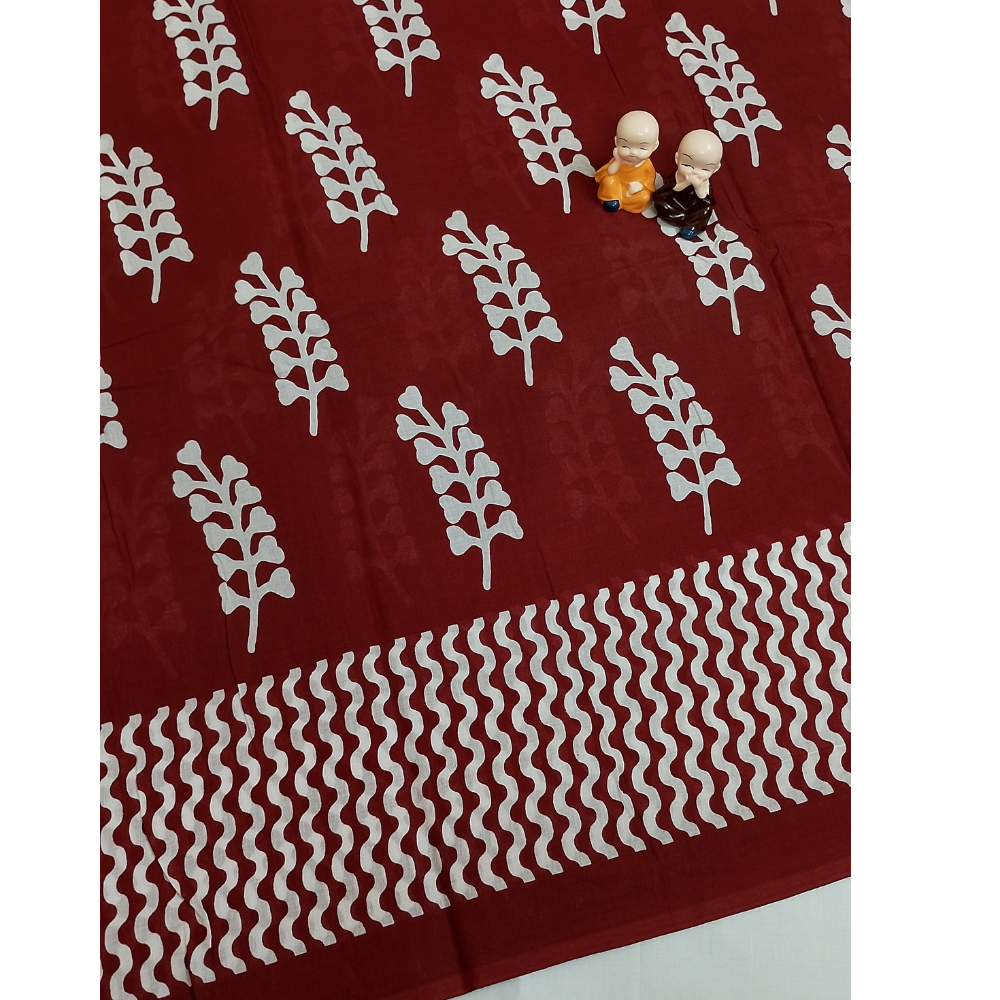Maroon Handblock Print Mul Mul Cotton Saree