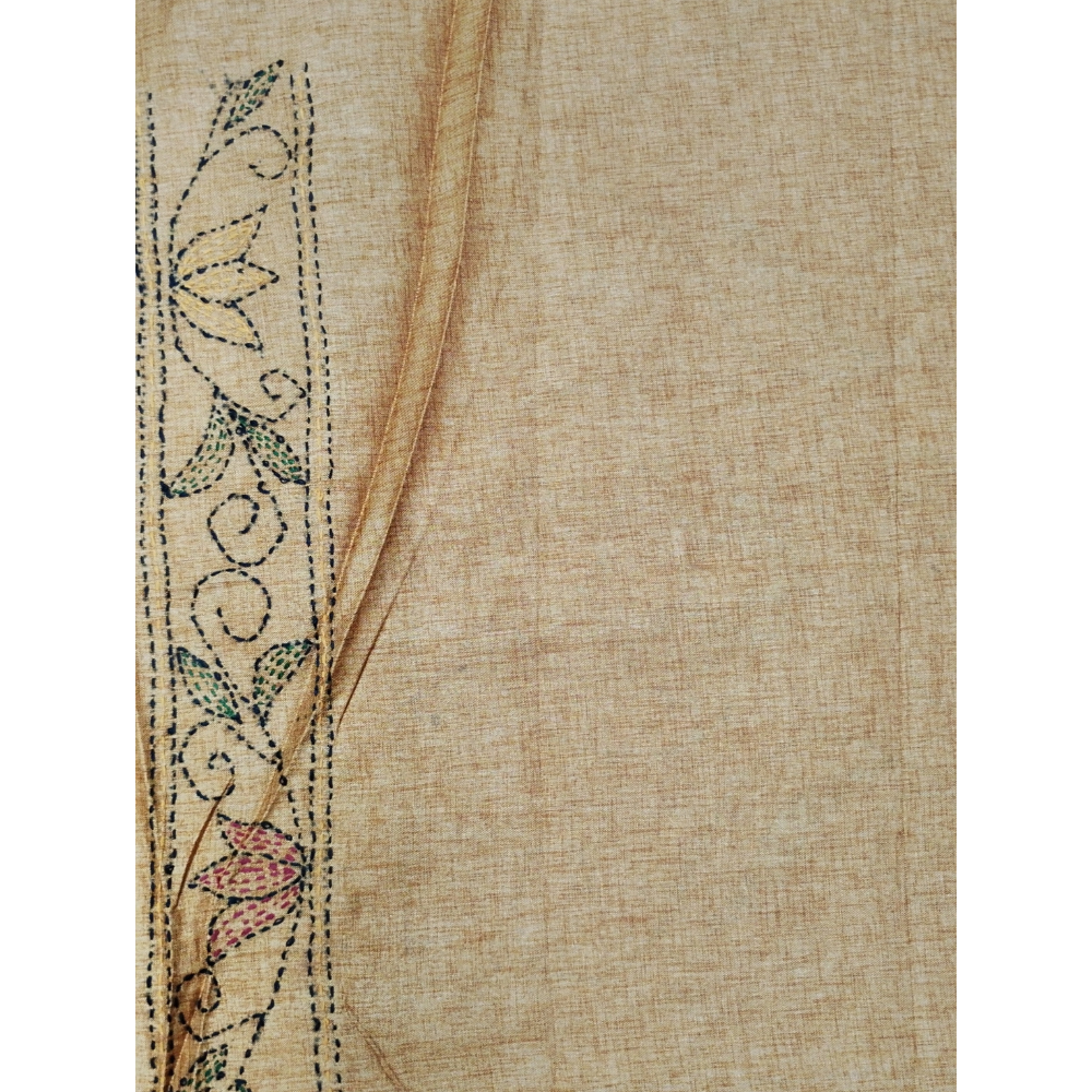 Mustard Yellow colour Kantha Work Tusser Saree