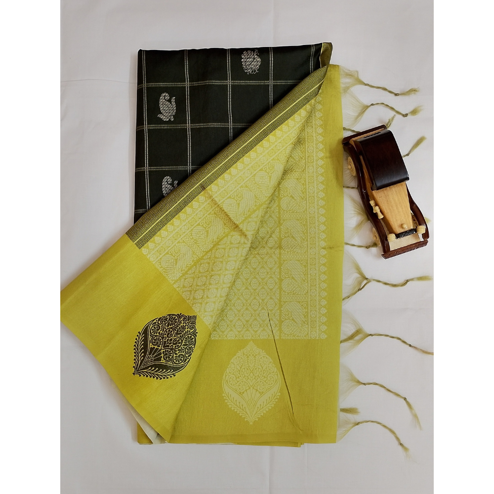 Light Olive Green with Lemon Yellow Border Pallu Blouse Semi Tusser Saree