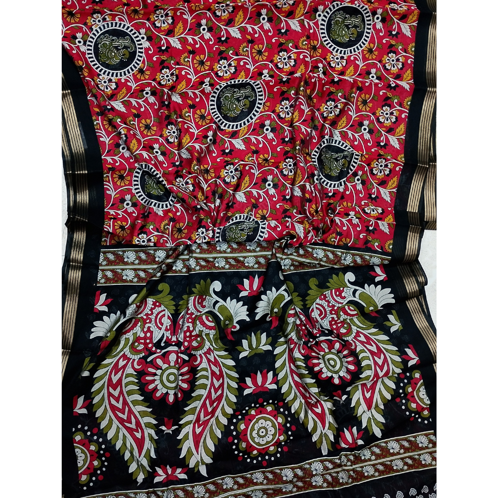 Bright Pink Saree with Red Blouse N Pallu Kalamkari Designs Linen Cotton Saree