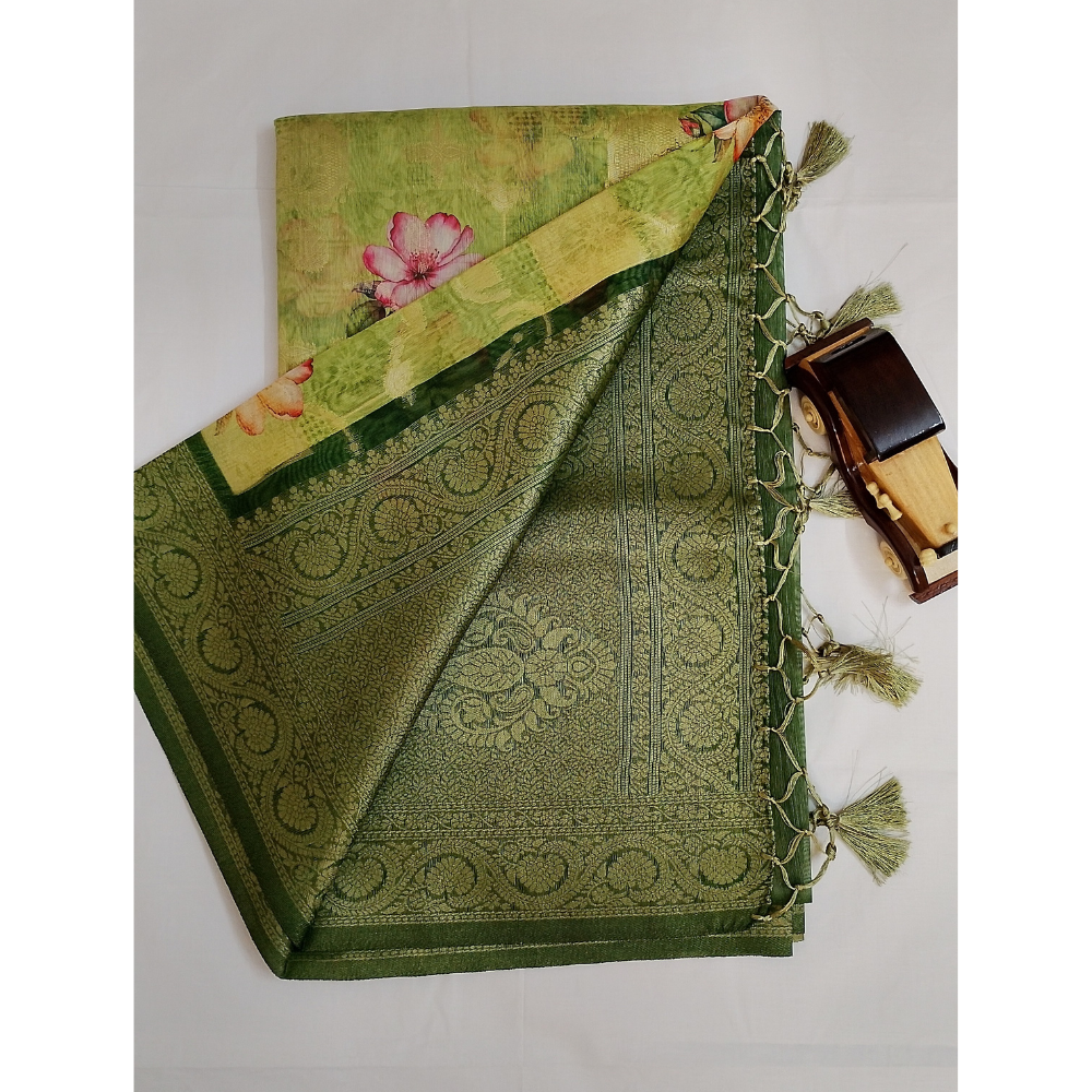 Pale Yellow Green Colour Zari Woven Chanderi Sarees