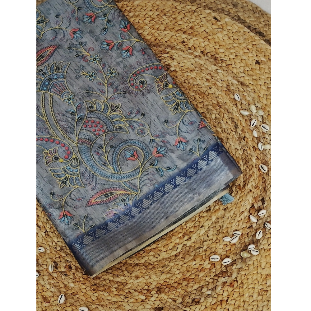 Grey Colour multi colour Floral print Linen Digital Saree