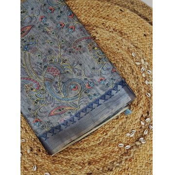 Grey Colour multi colour Floral print Linen Digital Saree