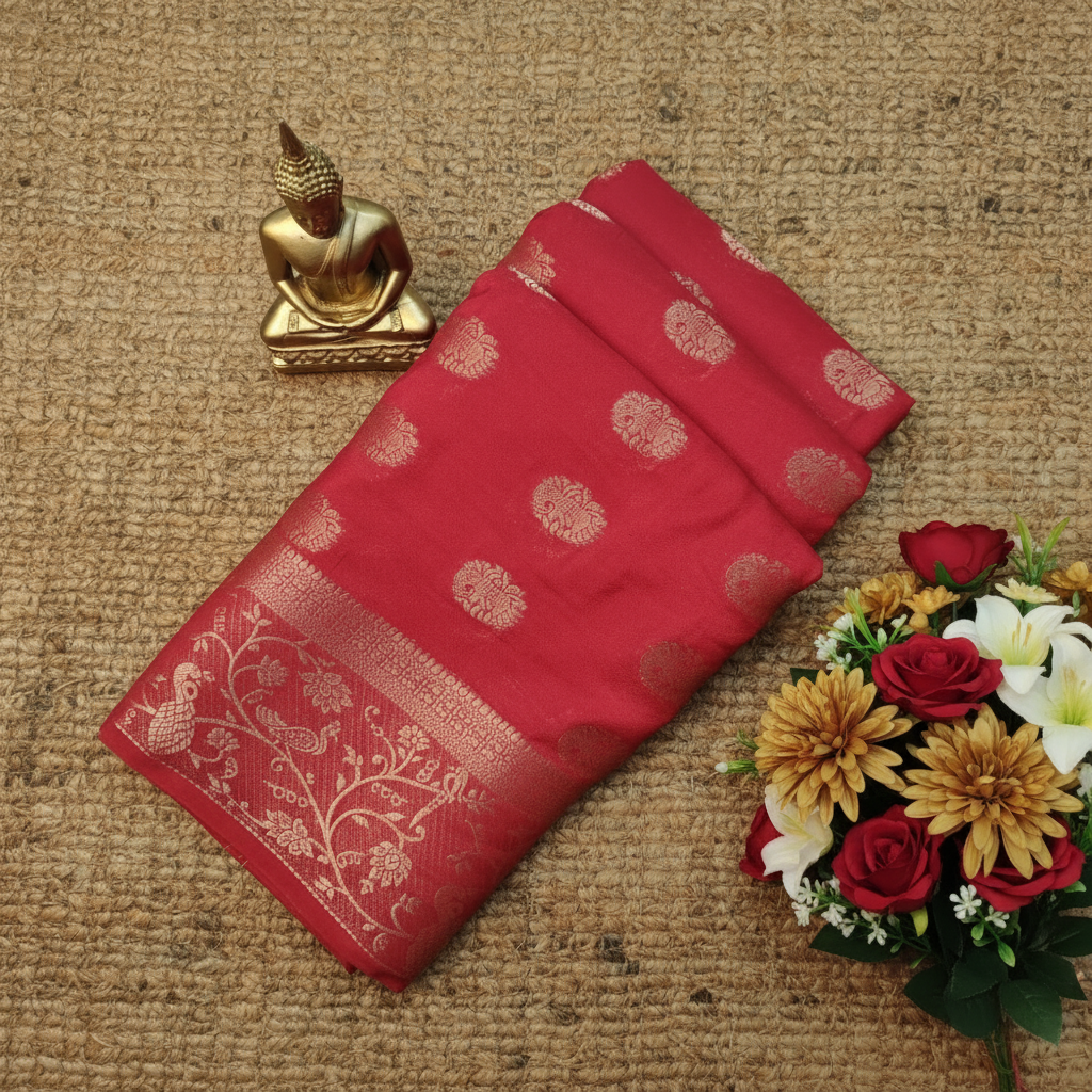 Bright Red with contrast blouse retro Georgette Semi Silk Saree