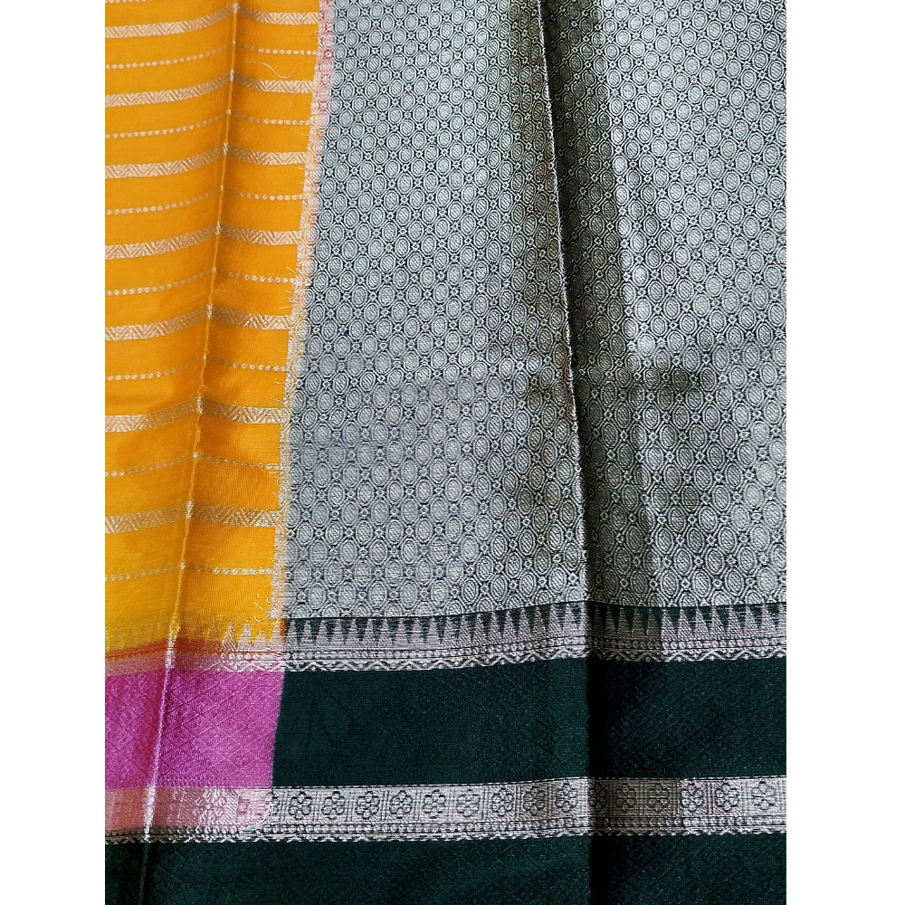 Mango Yellow Colour with brocade Dark Green blouse Warm Silk 3D Saree
