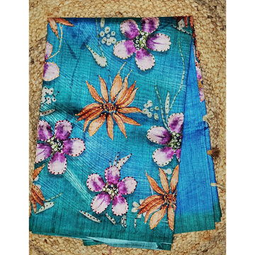 Blue n Rama Green Colour combination Tusser Saree with French Knots on the Digital Flowers