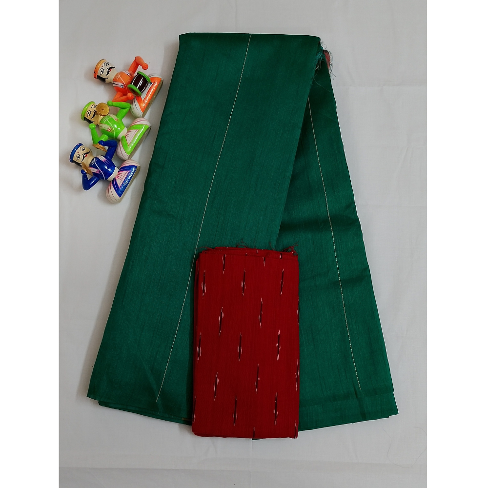 Green Raw Silk Saree with contrast Ikkat Blouse