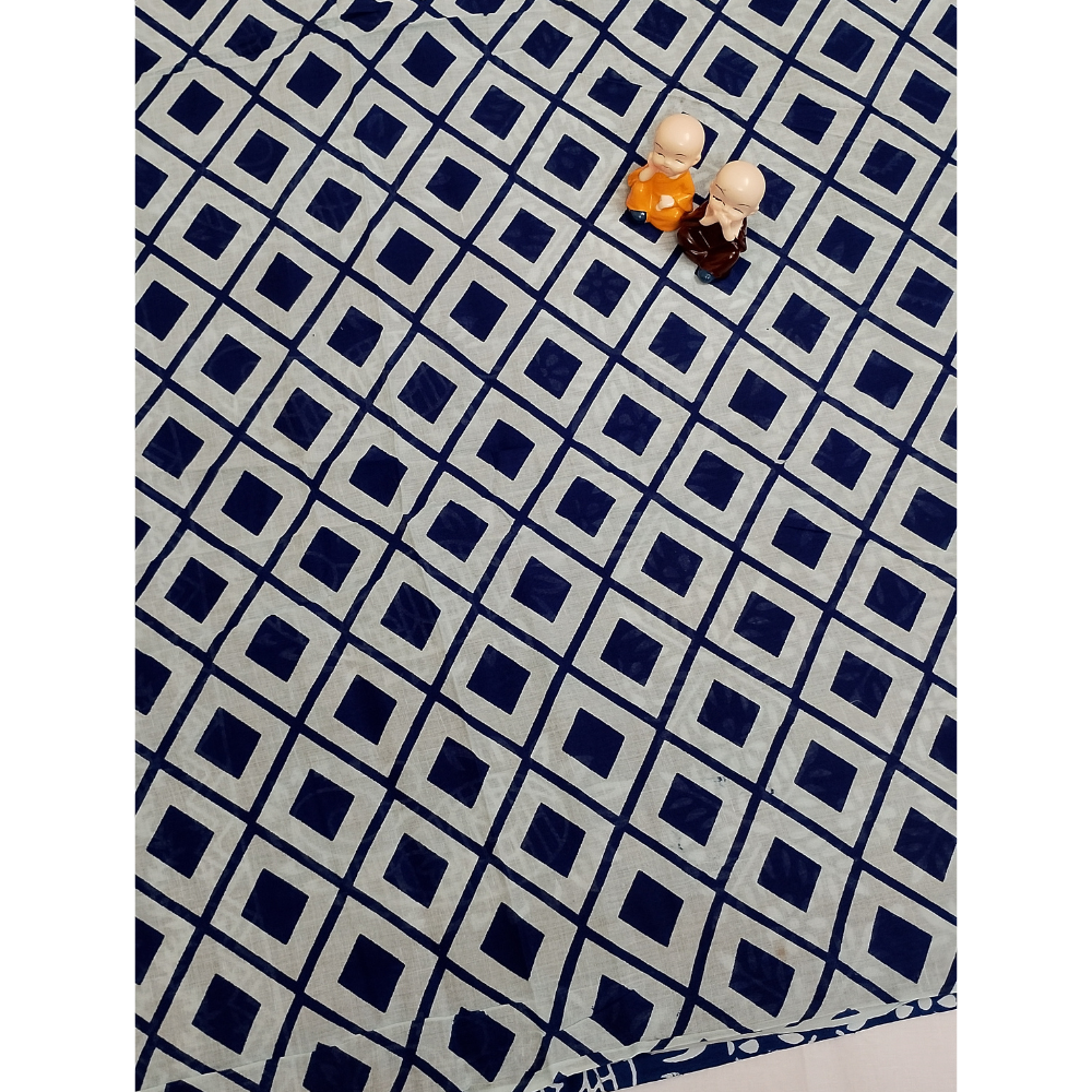 Navy Blue Handblock Print Mul Mul Cotton Saree