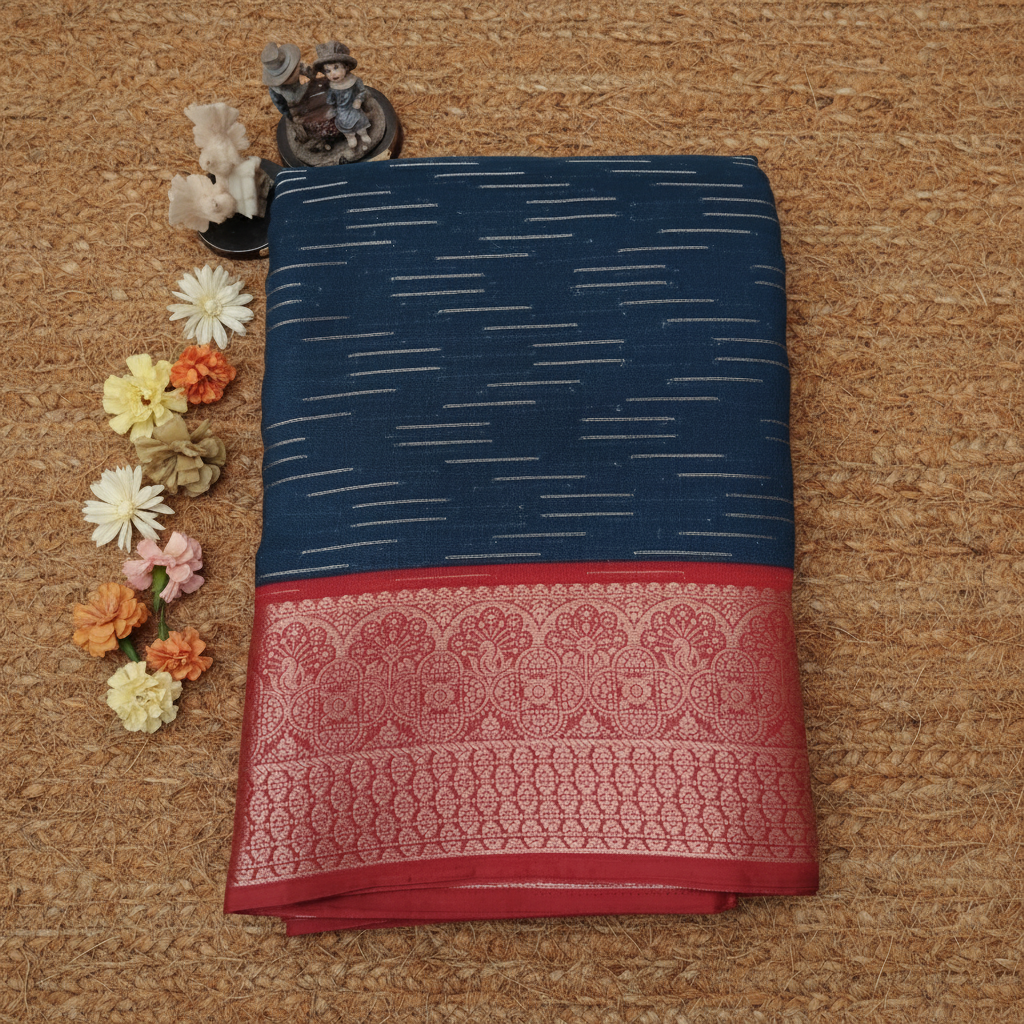 Peacock Blue with Red border Chanderi Sarees