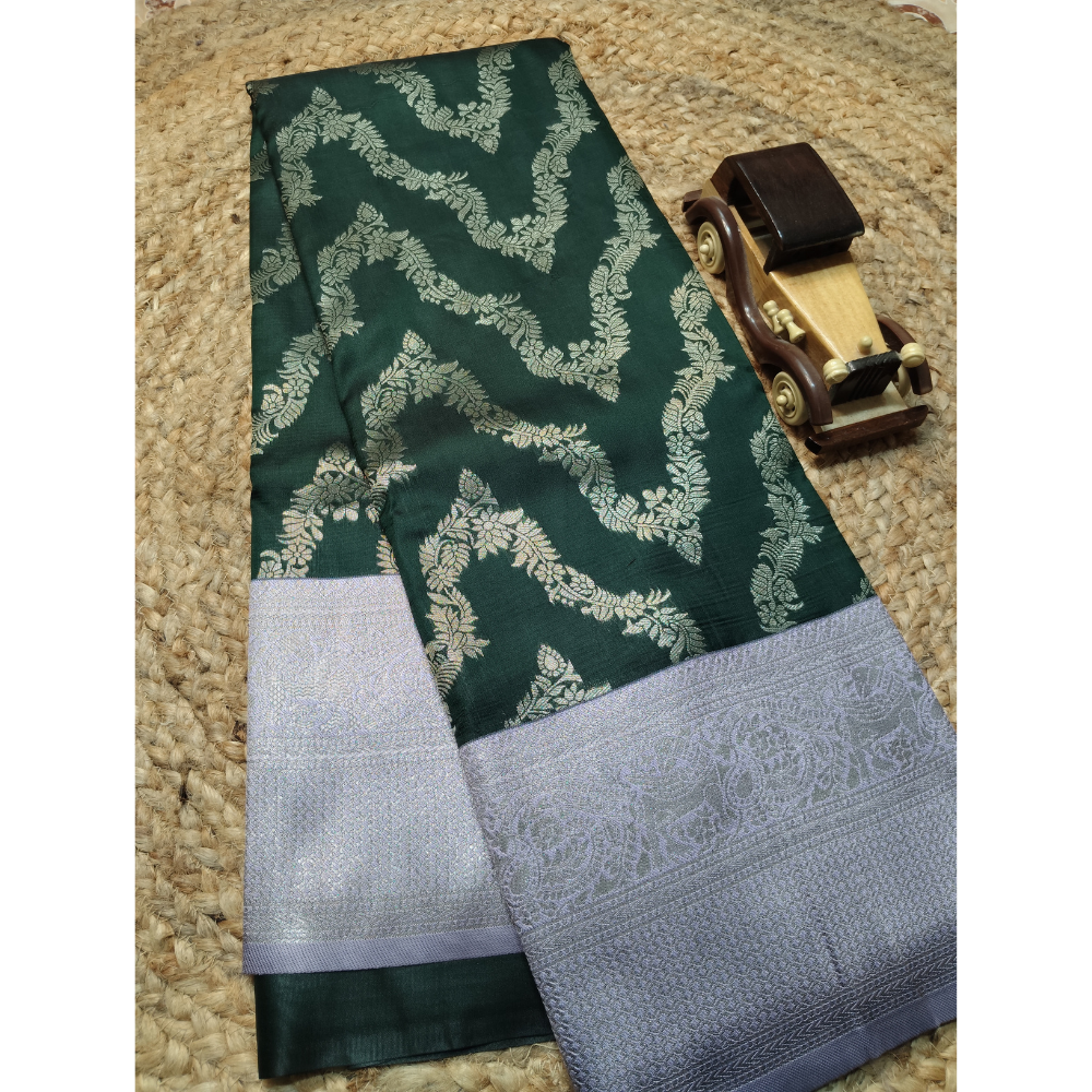 Trending Dark Green Necklace Saree With Contrast Lilac Brocade Pallu n Blouse