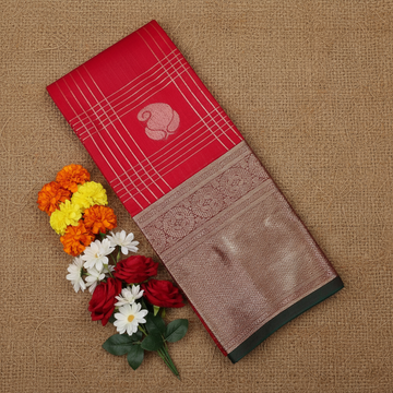 Red colour with bottle green blouse n pallu Premium Silk Cotton Saree