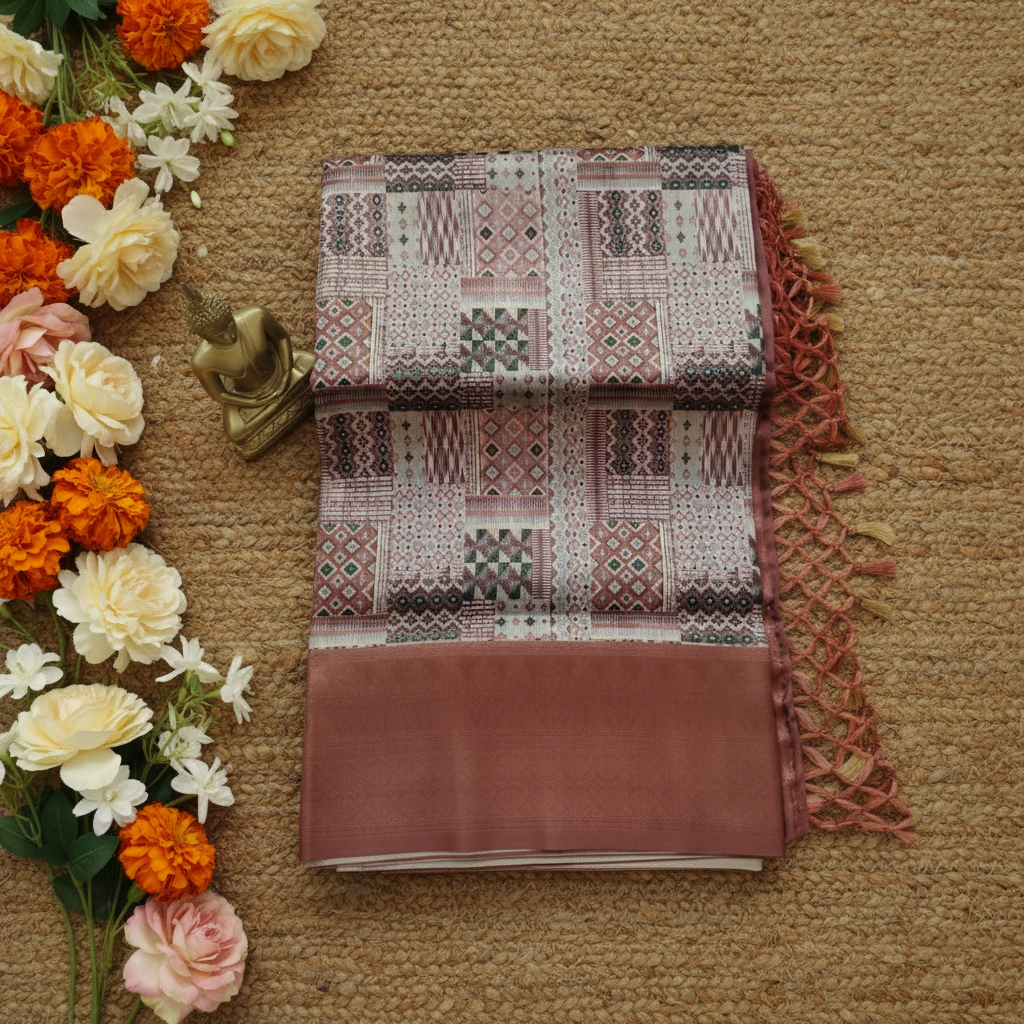 Silver with Dark Pink combination Softy Digital Print Silk Saree