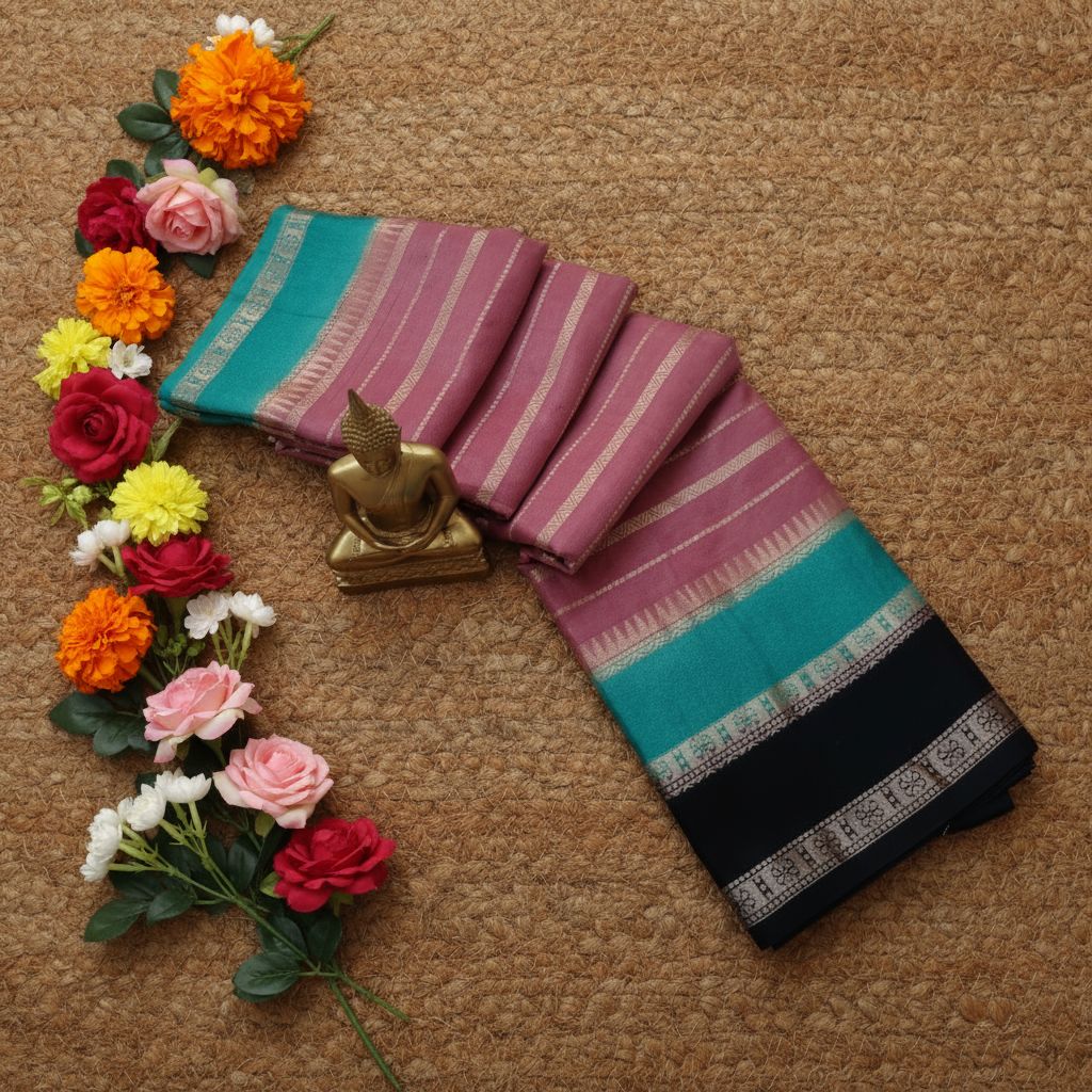 Onion Pink Colour with brocade Dark Green blouse Warm Silk 3D Sarees