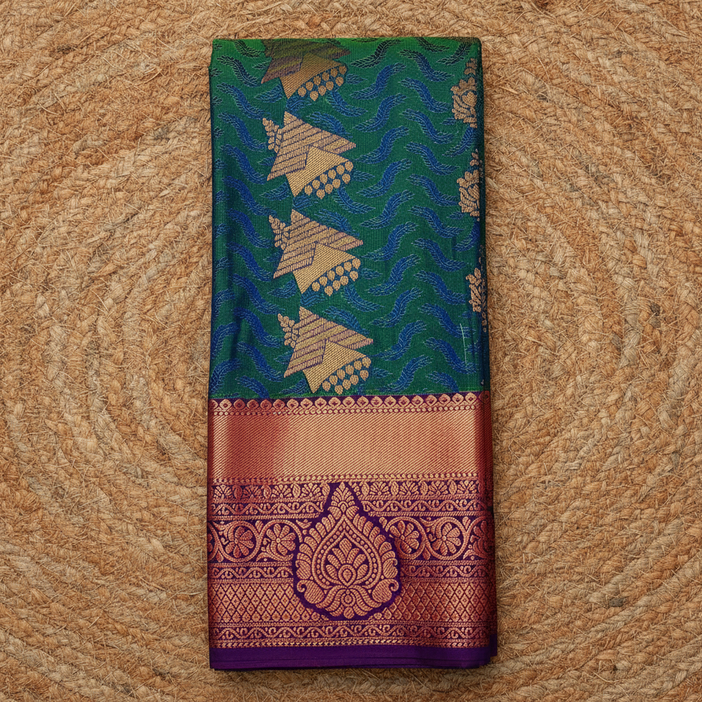 Peacock Green n Blue Colour combination Semi Art Silk Saree
