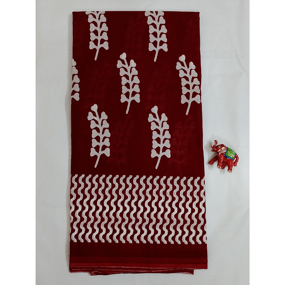Maroon Handblock Print Mul Mul Cotton Saree