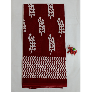 Maroon Handblock Print Mul Mul Cotton Saree