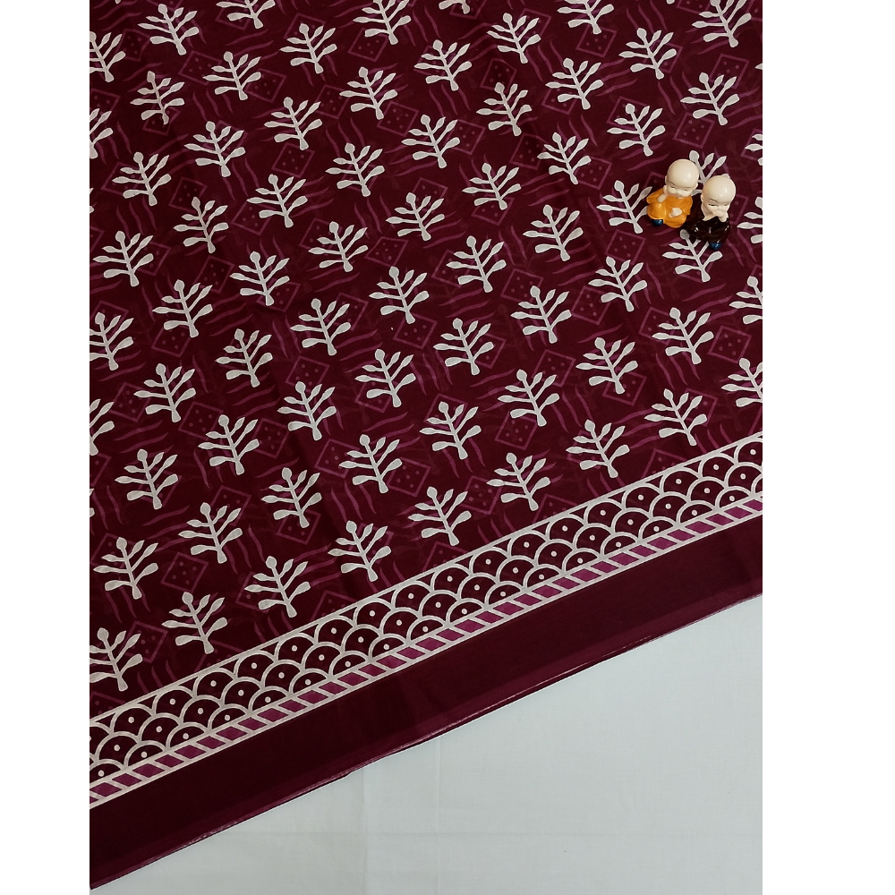 Dark Maroon Handblock Print Mul Mul Cotton Saree