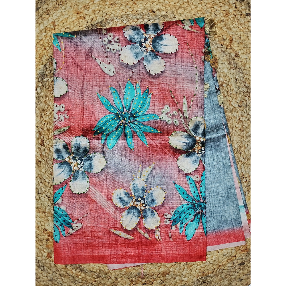 Grey n Reddish Orange Colour combination Tusser Saree with French Knots in the Digital flowers