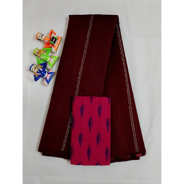 Maroon Raw Silk Saree with contrast Ikkat Blouse