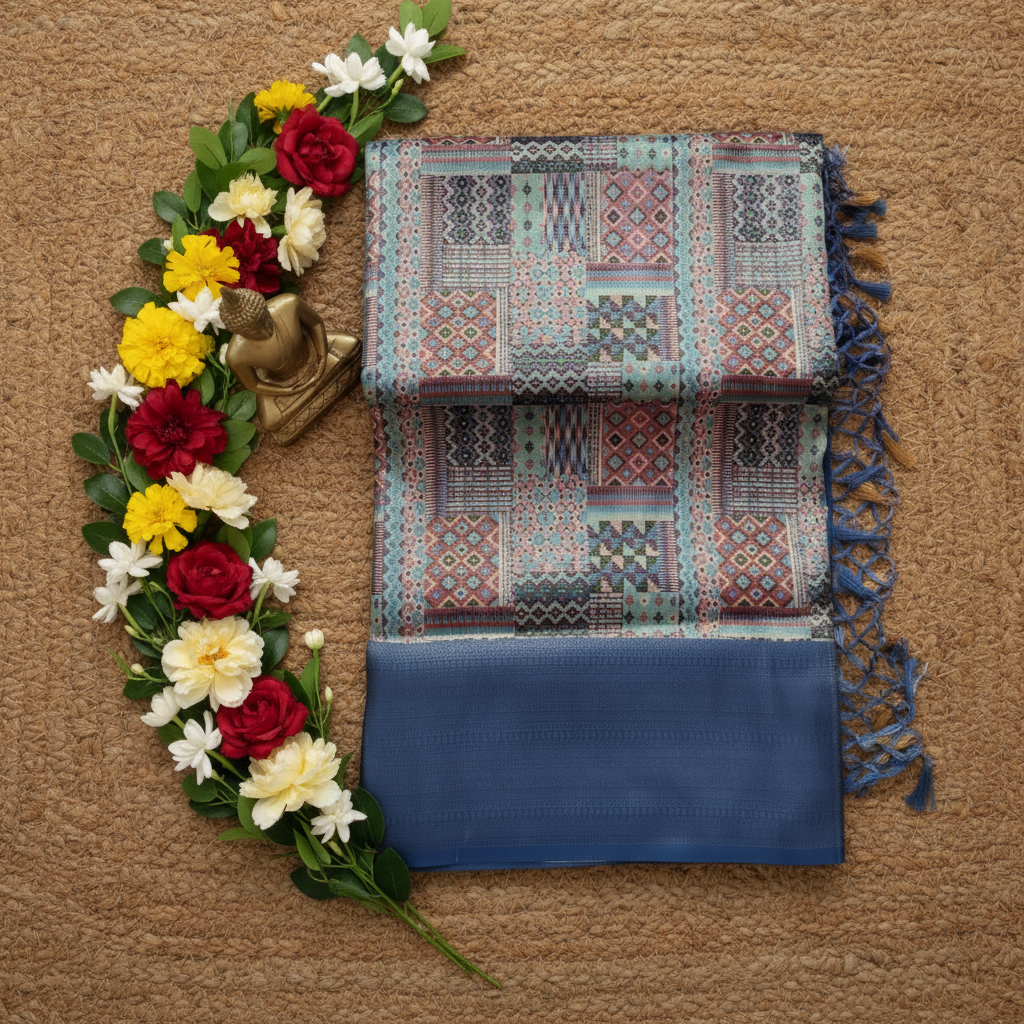 Silver Grey with Blue  colour combinaton Softy Digital Print Silk Saree